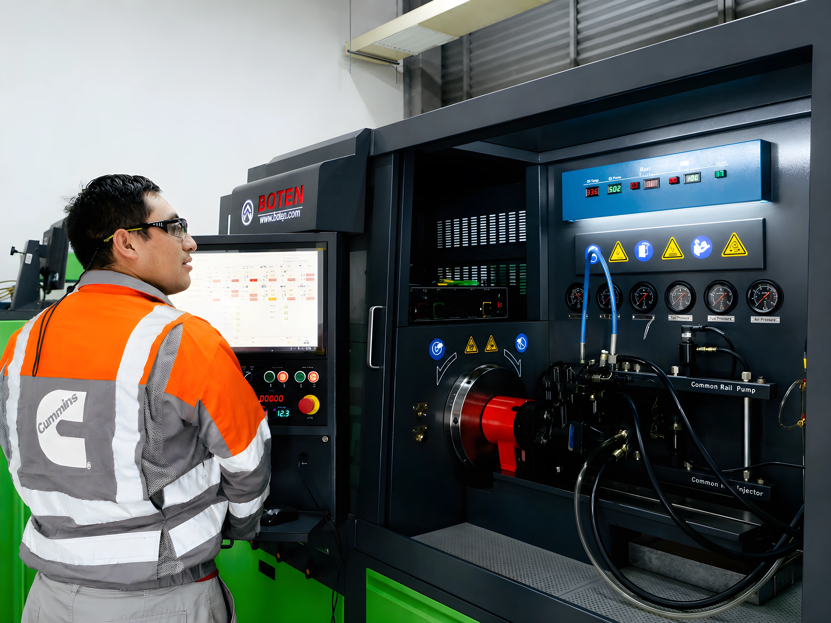 Técnico certificado Cummins operando banco de pruebas BOTEN para bombas Common Rail diésel de alta presión