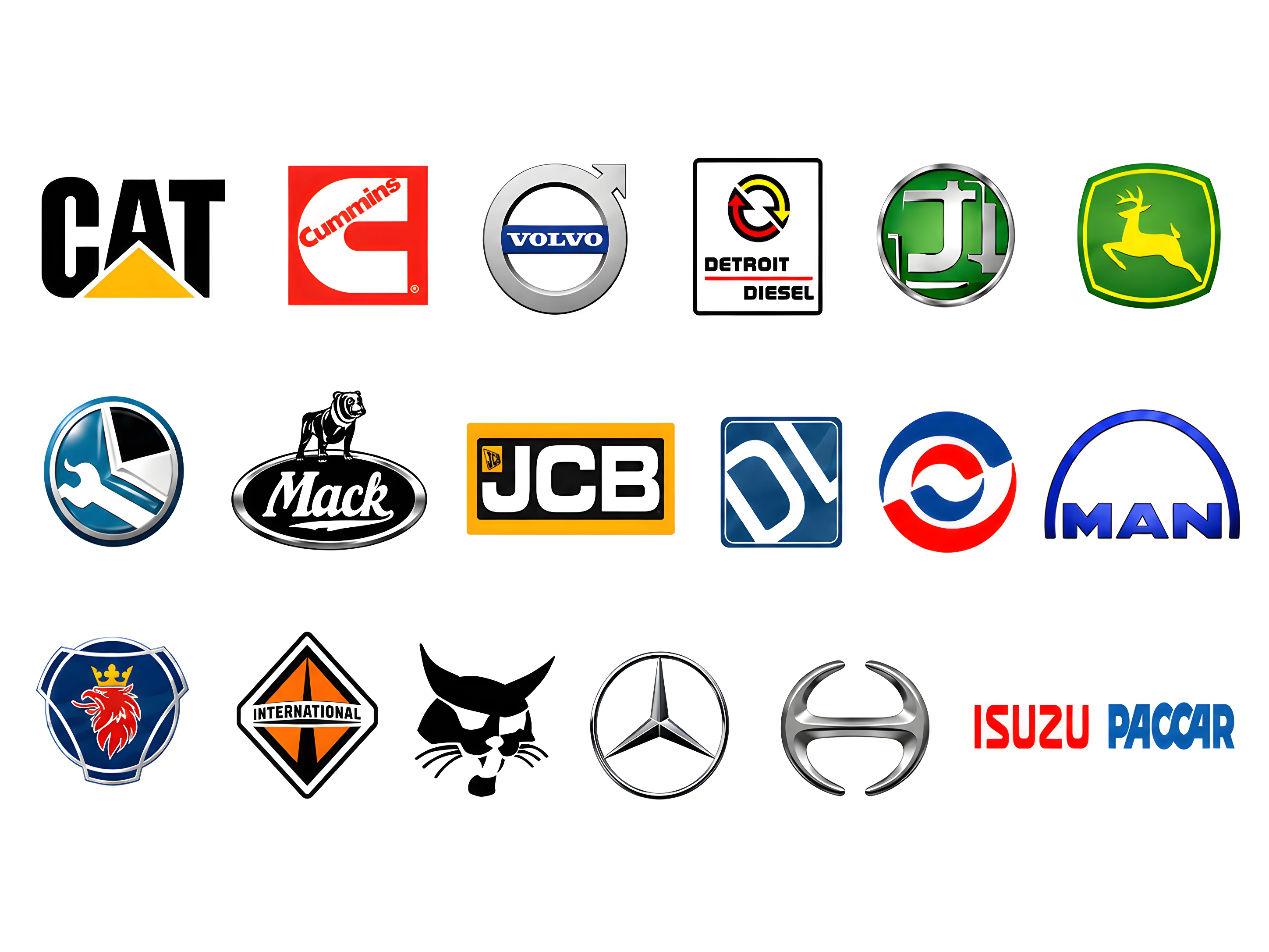 Marcas OEM con las que trabajamos: Cummins, Caterpillar, Detroit Diesel, Volvo, Mack, JCB, John Deere, International Navistar, Mercedes Benz, Isuzu, PACCAR, MAN, Scania, Bobcat